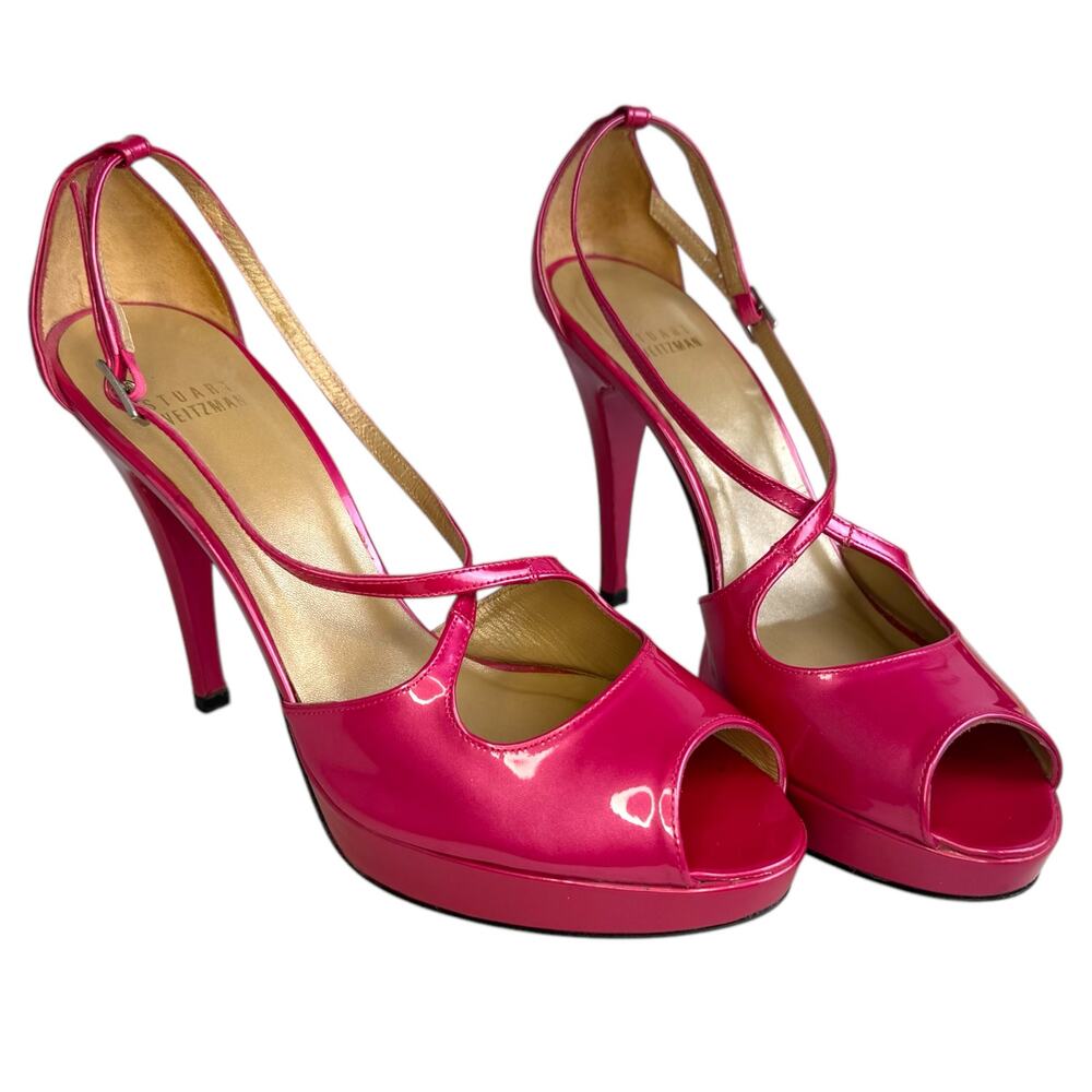 Vintage Stuart Weitzman Pink Patent Leather Heels Peep Toe Platform Sandals 8M